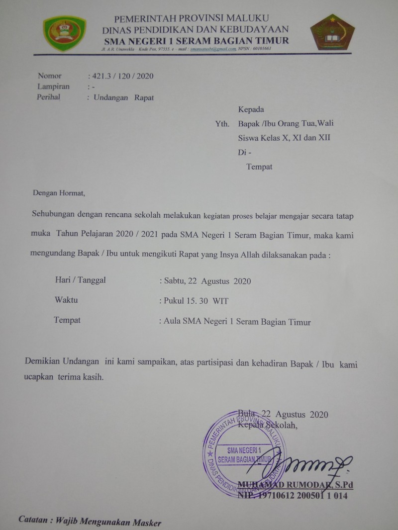 UNDANGAN RAPAT ORANG TUA/WALI SISWA SMAN 1 SERAM BAGIAN TIMUR